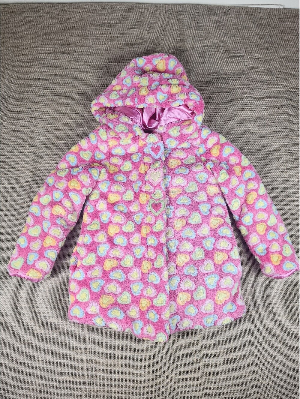 Pistachio Girls Pink Heart Plush Hooded Winter Coat Fuzzy Jacket Pastel